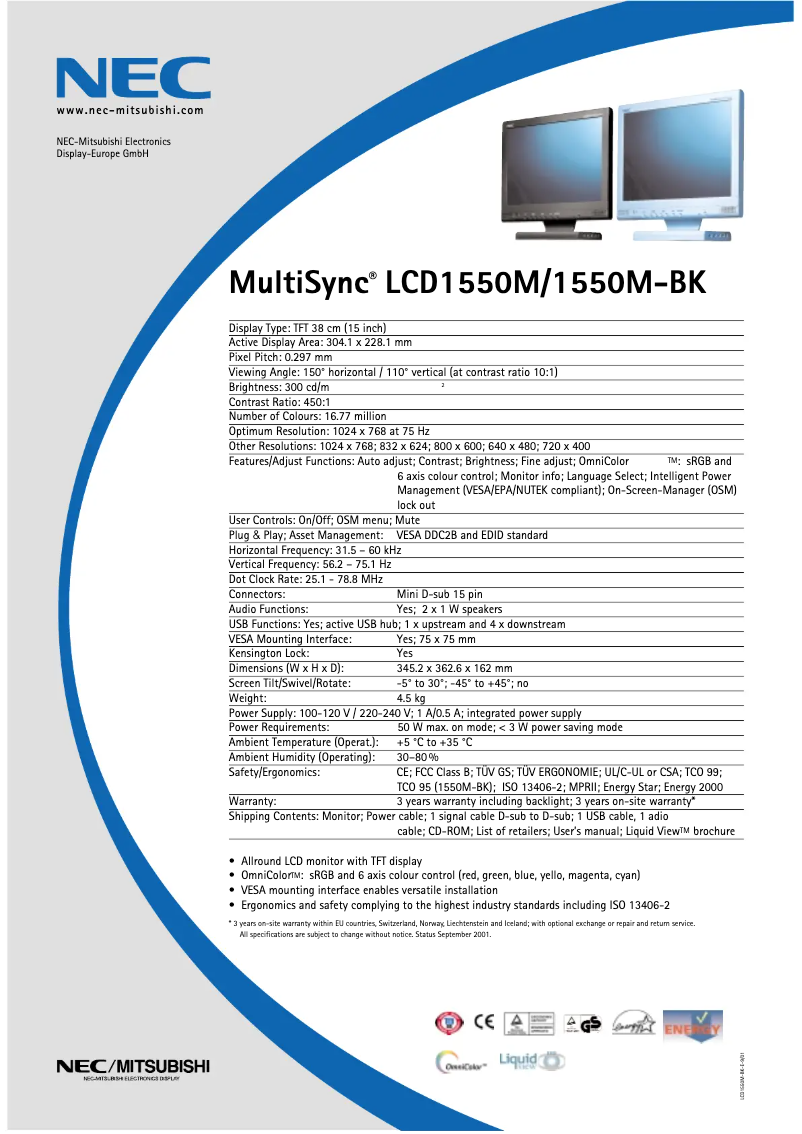 Page 1 de la notice Fiche technique NEC MultiSync LCD1550MBK