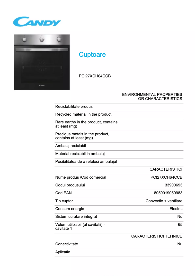 Page 1 de la notice Fiche technique Candy PCI27XCH64CCB