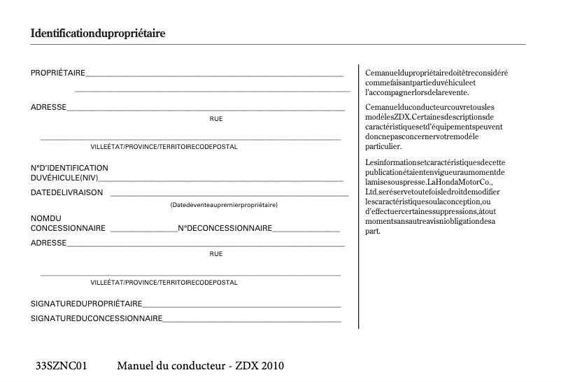 Image de la première page du manuel de l'appareil ZDX (2010)