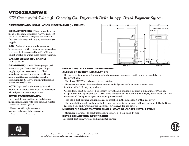 Page n°1 - Fiche technique GE VTD52GASRWB