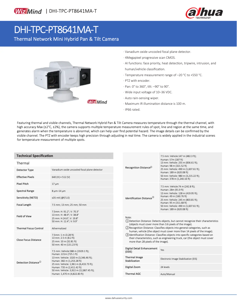 Page 1 de la notice Fiche technique Dahua Technology TPC-PT8641MA-T