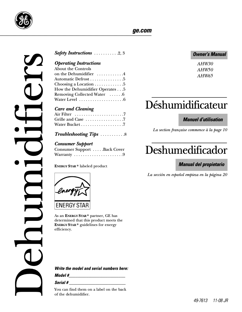 Page 1 of the manual User Manual GE AHW30LM