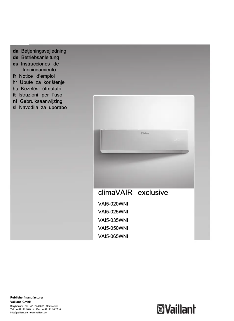 Page 1 de la notice Manuel utilisateur Vaillant climaVAIR exclusive VAI5-035WNI