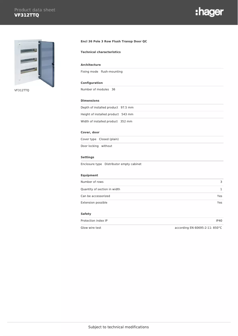 Page n°1 - Fiche technique Hager VF312TTQ