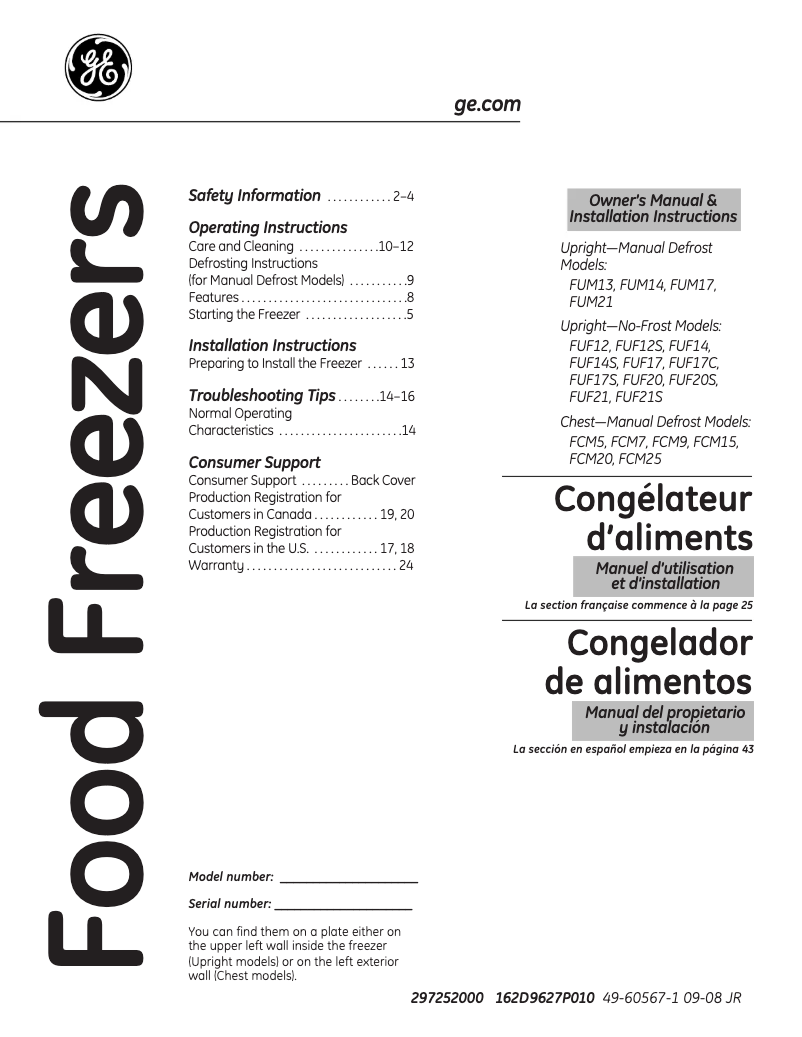 Page n°1 - Manuel d'utilisation et d'entretien GE FUF20DPRWH