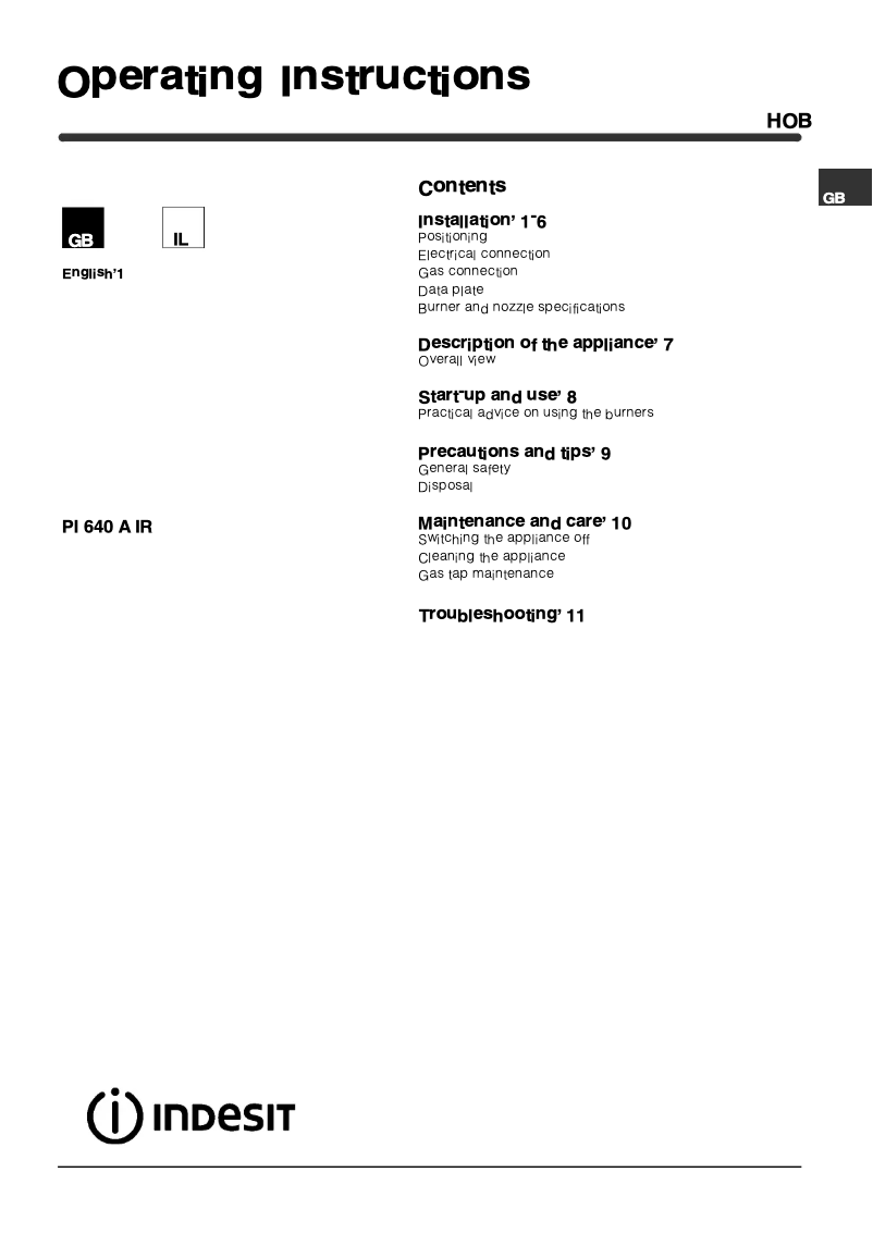 Page 1 de la notice Manuel utilisateur Indesit PI 640 A (IX) IR