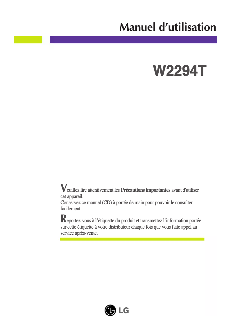 Page n°1 - Manuel utilisateur LG W2294T-PF