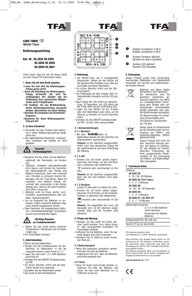 Página 1 del manual Manual de usuario TFA Cube Timer 38.2032.02
