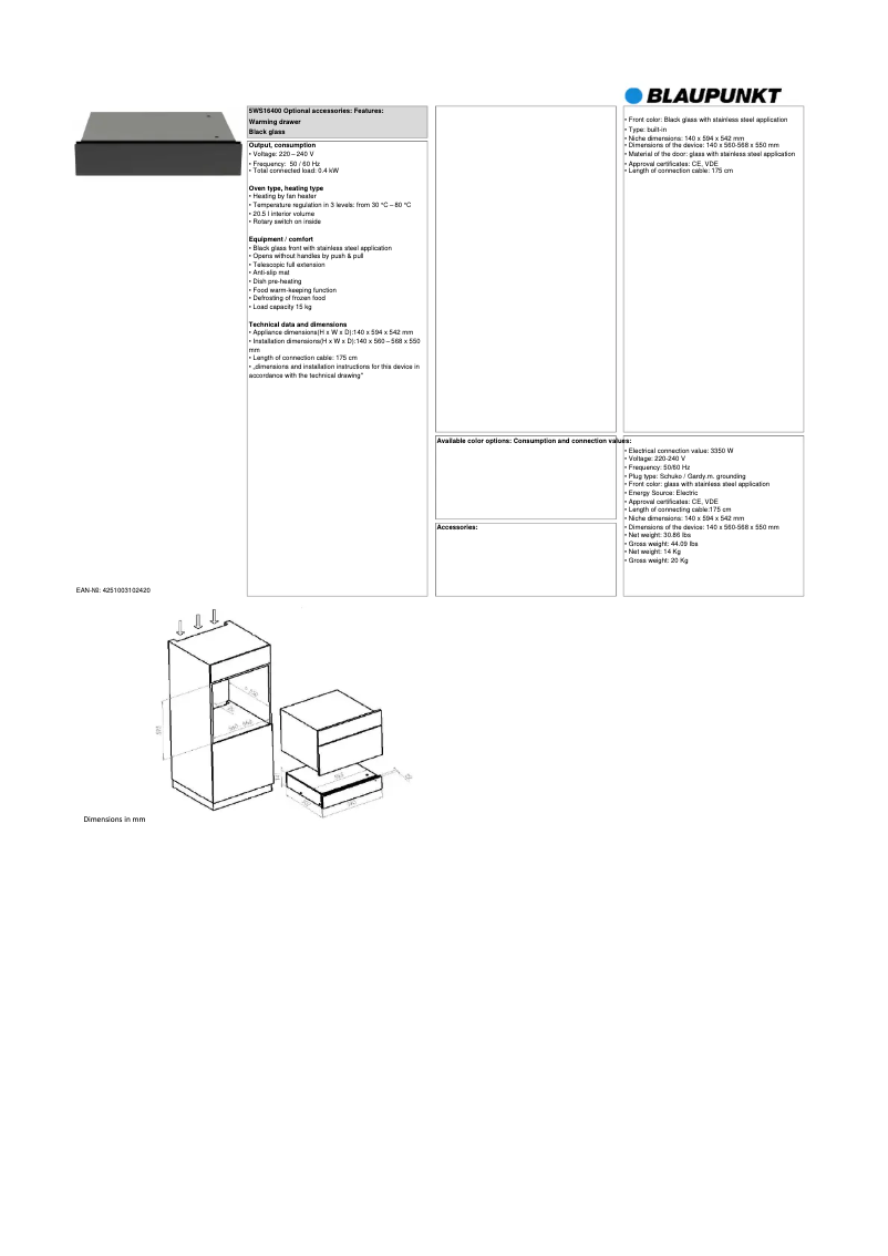 Page 1 de la notice Fiche technique Blaupunkt 5WS16400AU