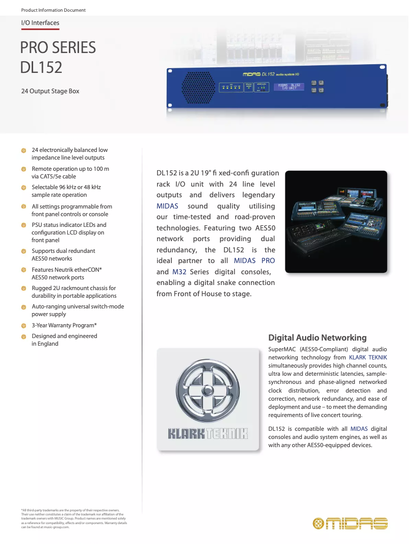 Page 1 de la notice Fiche technique Midas DL152
