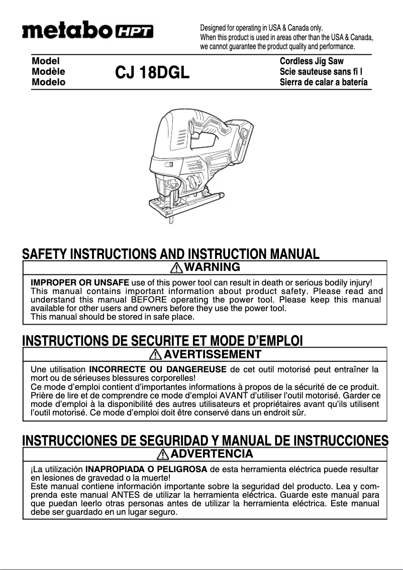Page 1 de la notice Manuel utilisateur Metabo CJ 18DGL