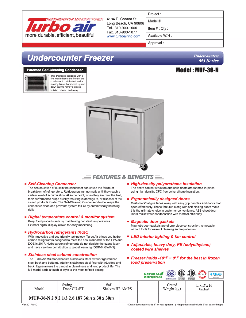 Page 1 de la notice Fiche technique Turbo air MUF-36