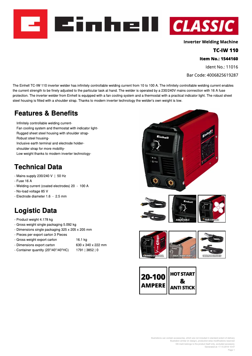 Page 1 de la notice Fiche technique Einhell TC-IW 110