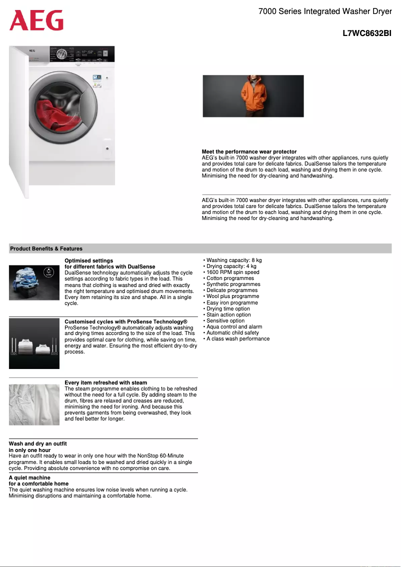 Page 1 de la notice Fiche technique AEG L7WC8632BI