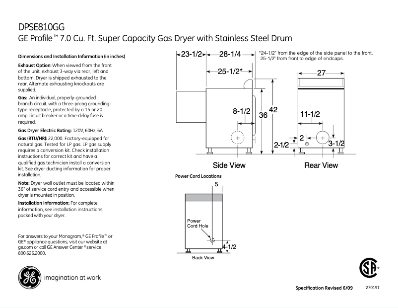 Page n°1 - Fiche technique GE Profile DPSE810GGWT
