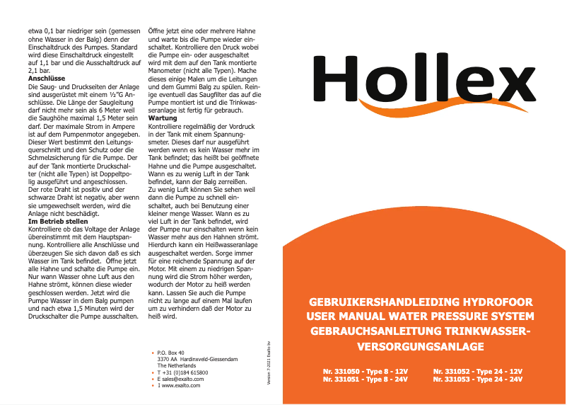 Page 1 de la notice Manuel utilisateur Hollex 24V Hydrofoor