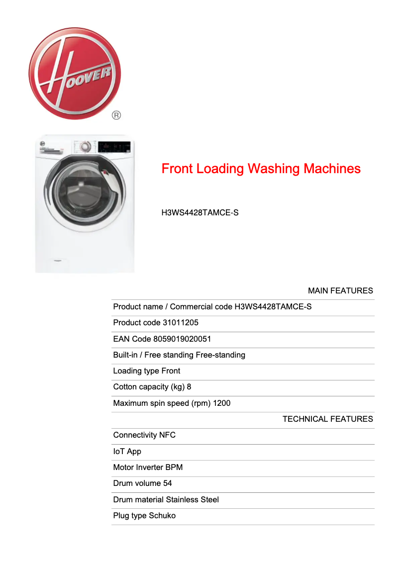 Page 1 of the manual Technical Sheet Hoover H3WS4428TAMCE-S