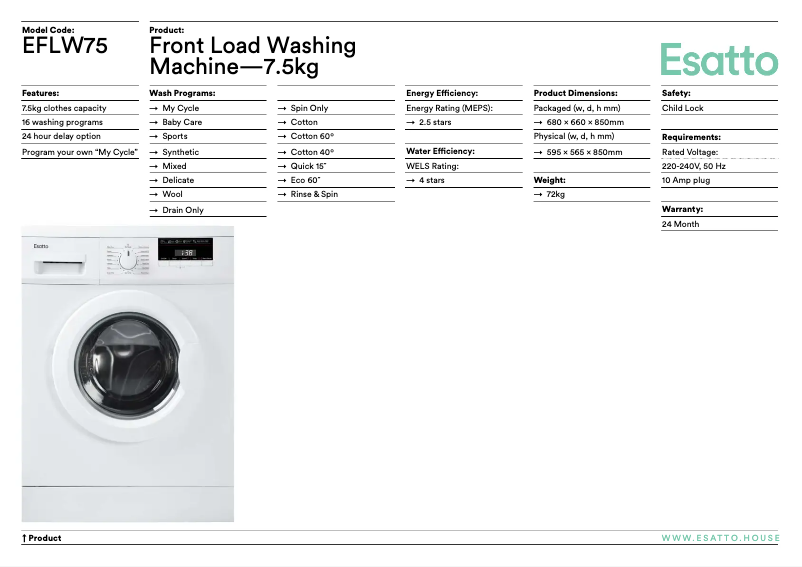 Page 1 de la notice Fiche technique Esatto EFLW75