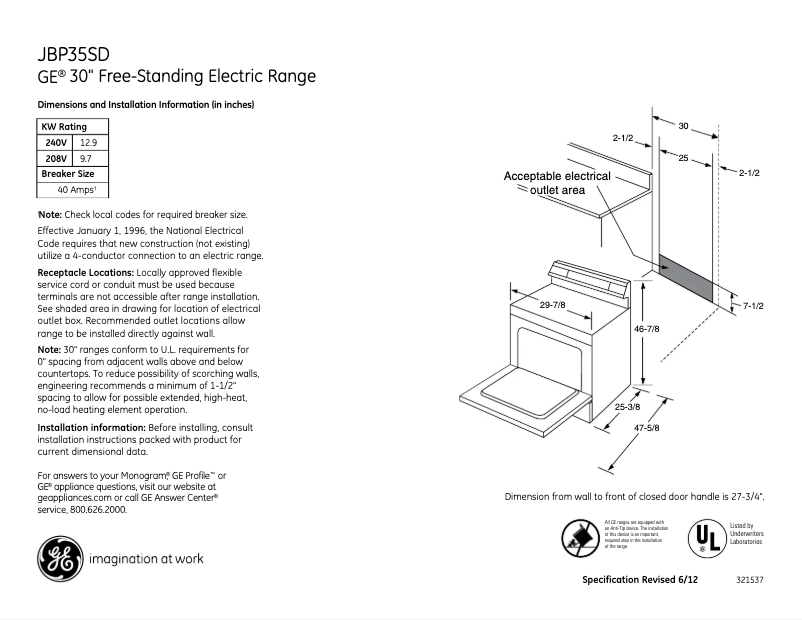 Page 1 de la notice Fiche technique GE JBP35SDSS