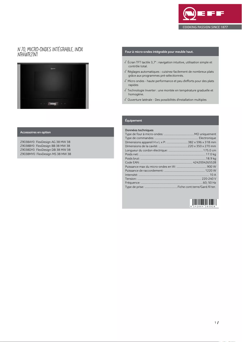 Page 1 de la notice Fiche technique Neff NR4WR21N1