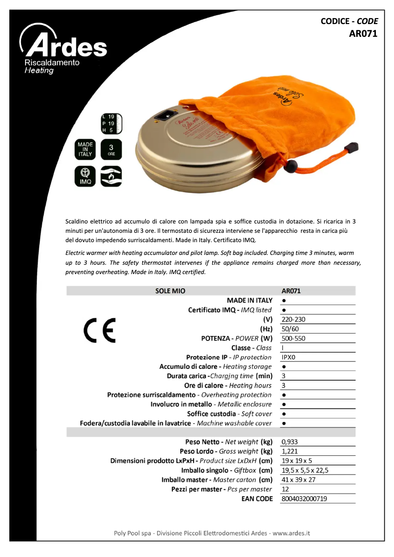 Page n°1 - Fiche technique Ardes AR071
