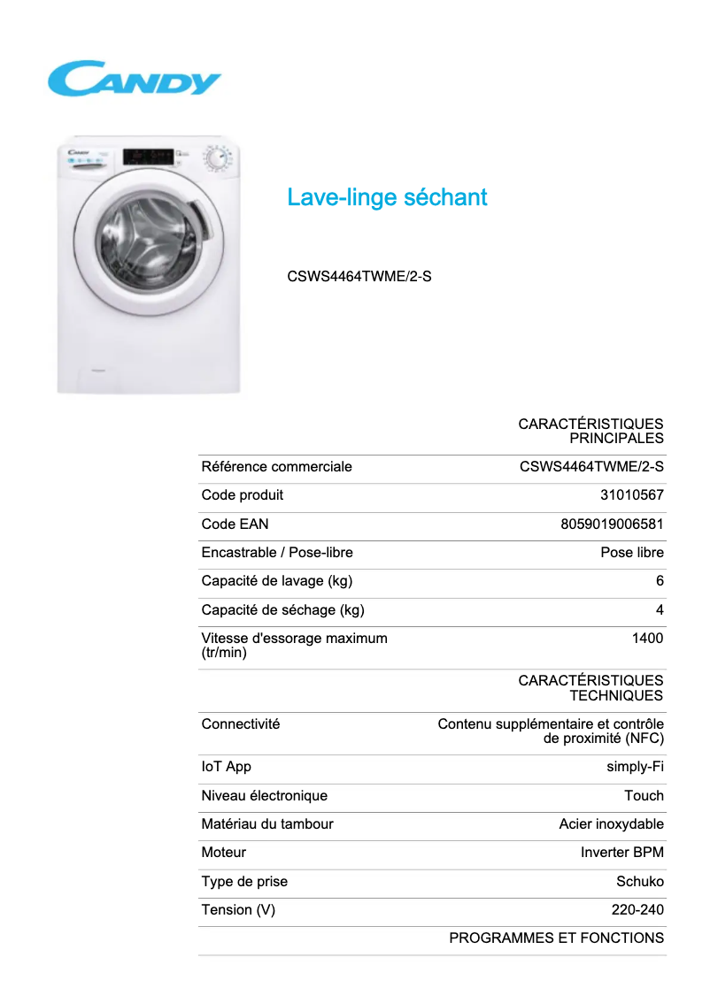 Page 1 de la notice Fiche technique Candy CSWS4464TWME/2-S