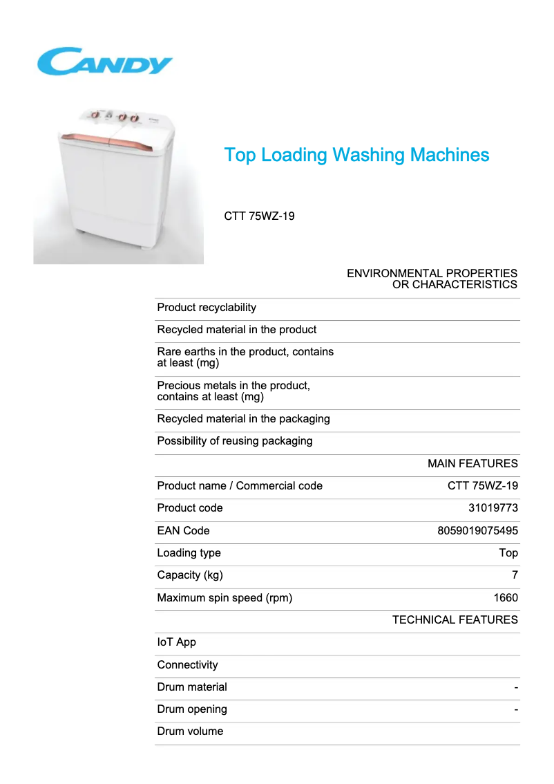 Page 1 de la notice Fiche technique Candy CTT 75WZ-19