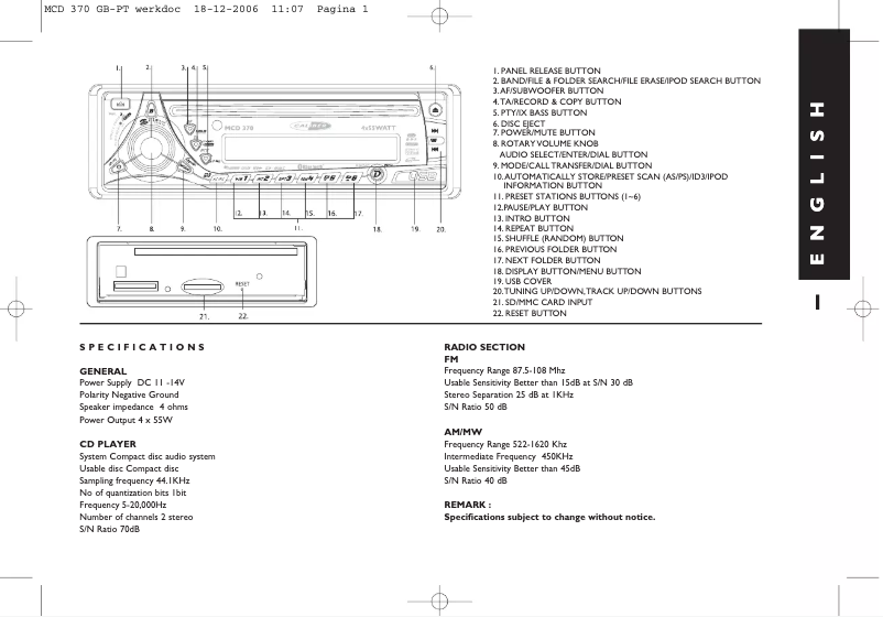 Page n°1 - Manuel utilisateur Caliber MCD 370
