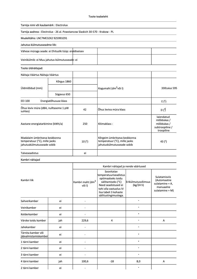 Page 1 de la notice Fiche technique Electrolux LNC7ME32X2