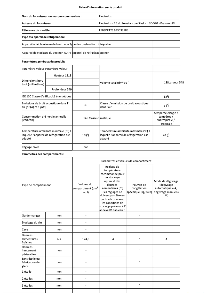 Page 1 de la notice Fiche technique Electrolux EFB3DE12S