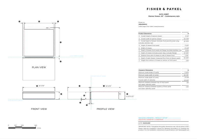 Page 1 de la notice Fiche technique Fisher & Paykel WB24SDEX2