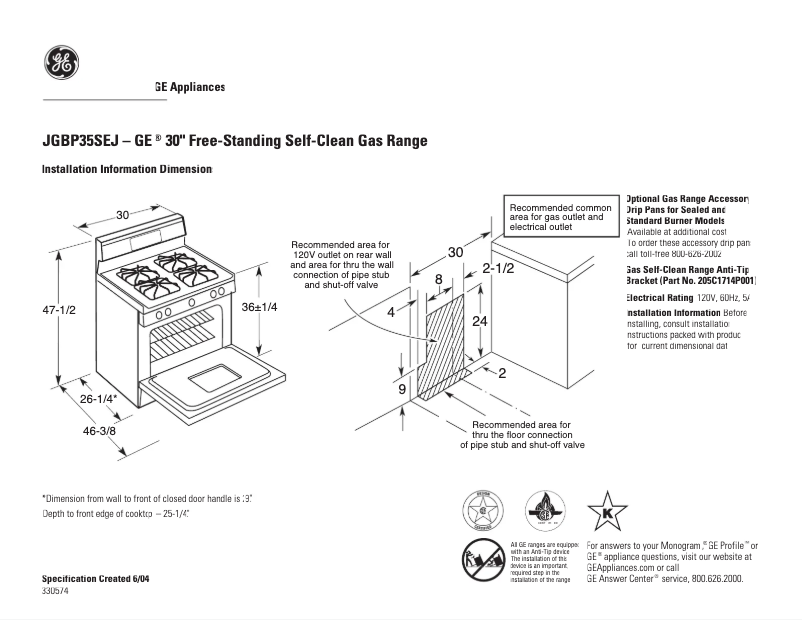 Page 1 de la notice Fiche technique GE JGBP35SEJSS