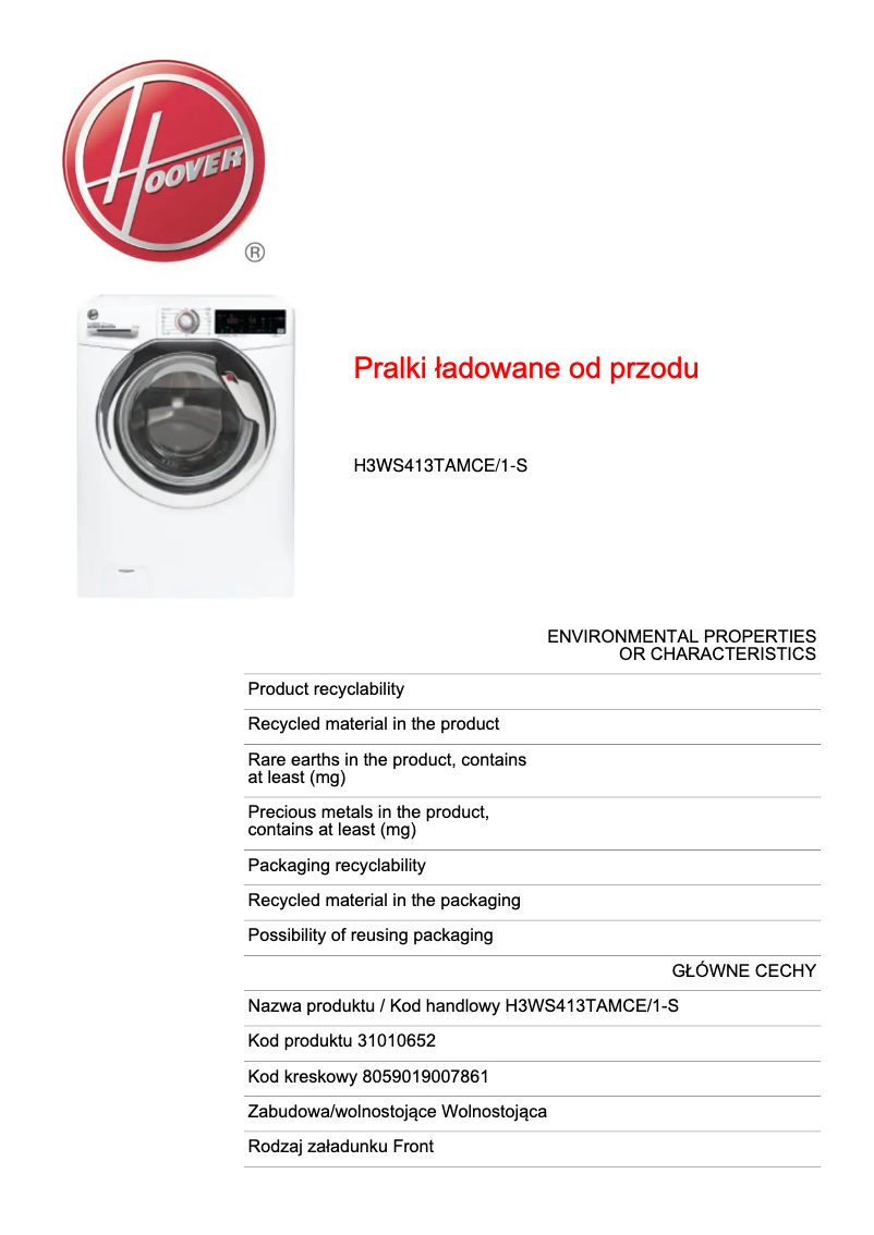 Page n°1 - Fiche technique Hoover H3WS413TAMCE/1-S