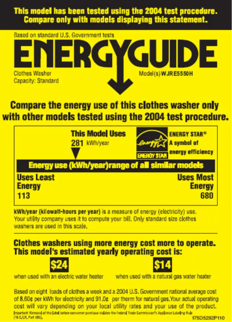 Page 1 de la notice Label énergétique GE WJRE5550HWW