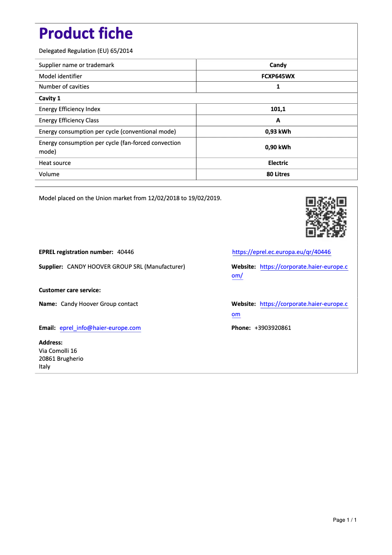 Page 1 de la notice Manuel utilisateur Candy FCXP645WX