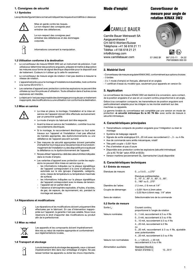 Page n°1 - Manuel utilisateur Camille Bauer KINAX 3W2