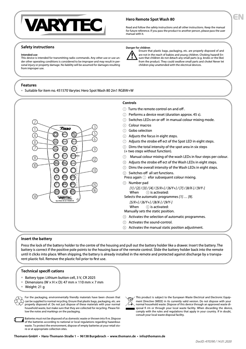 Page 1 de la notice Fiche technique Varytec Hero Spot Wash 80