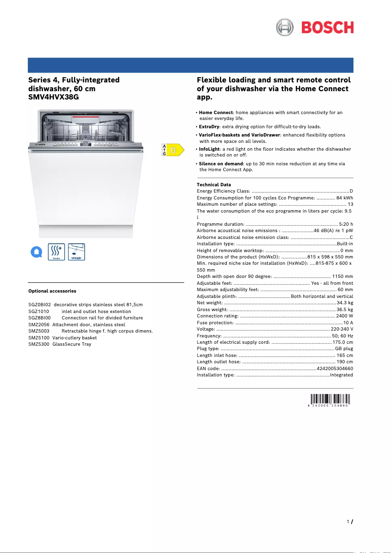 Page 1 de la notice Fiche technique Bosch Serie 4 SMV4HVX38G