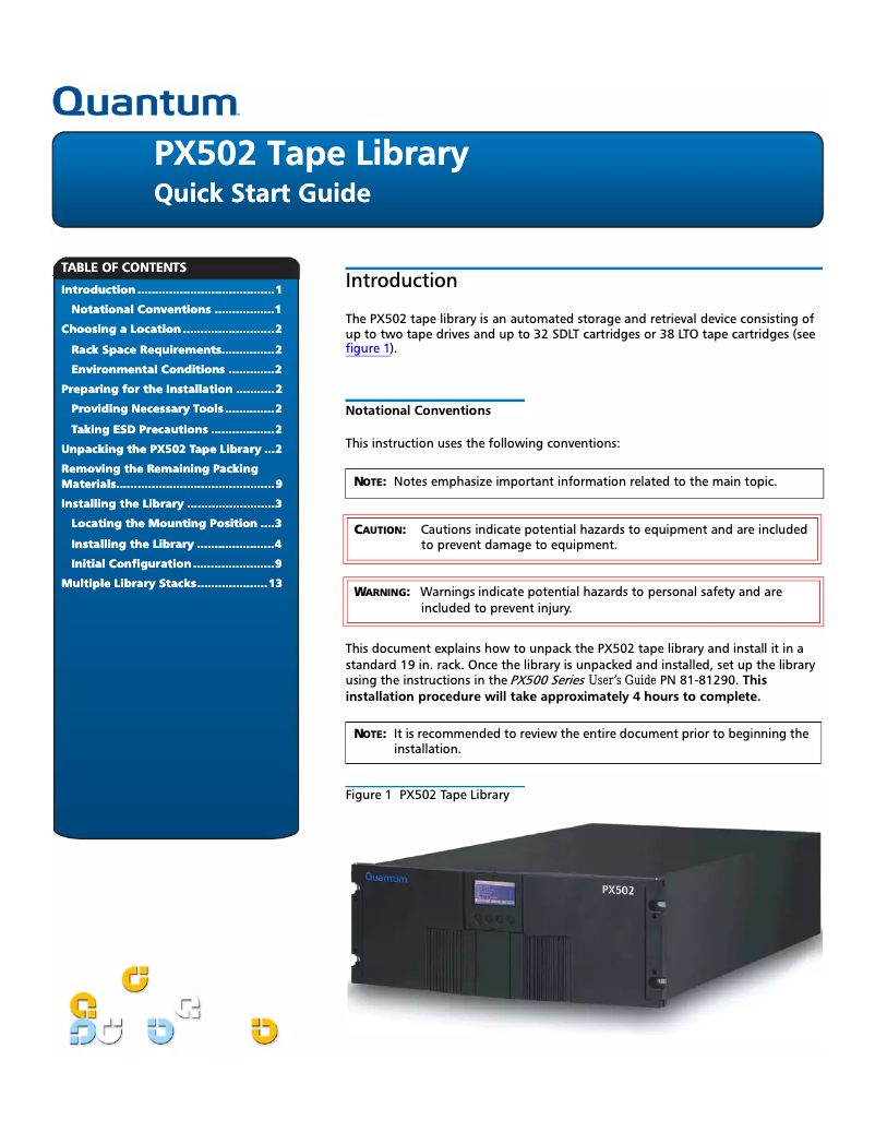 Image de la première page du manuel de l'appareil Quantum PX502 Tape Library