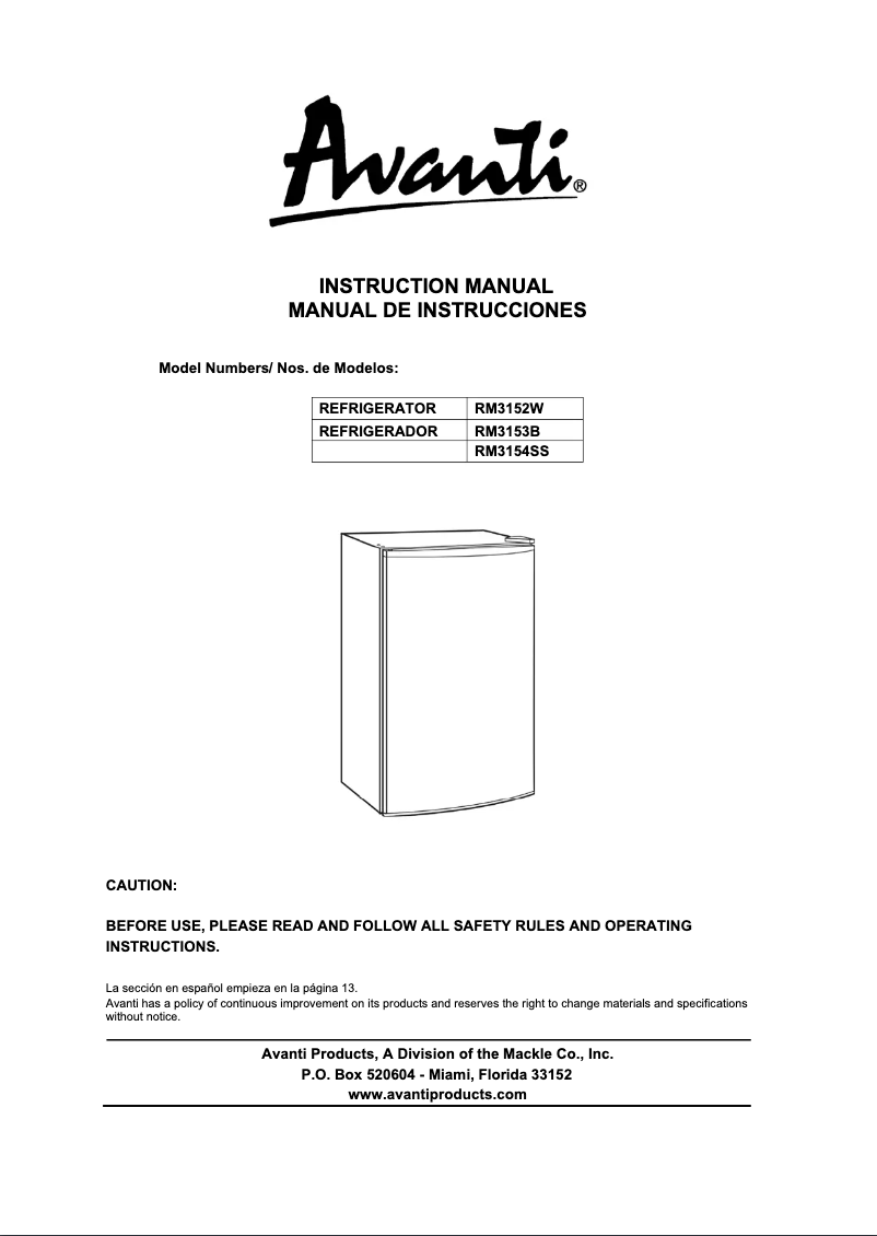 Página 1 del manual Manual de usuario Avanti RM3153B