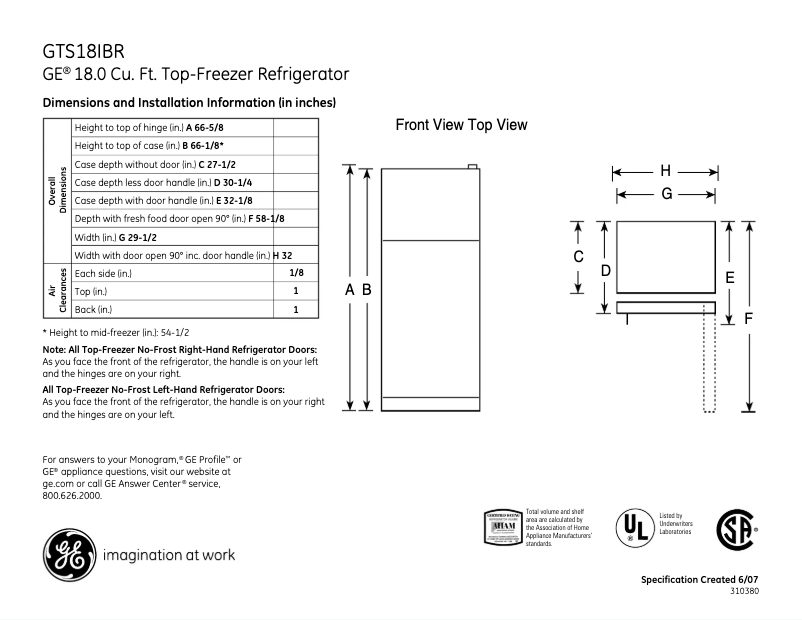 Page n°1 - Fiche technique GE GTS18IBRCC