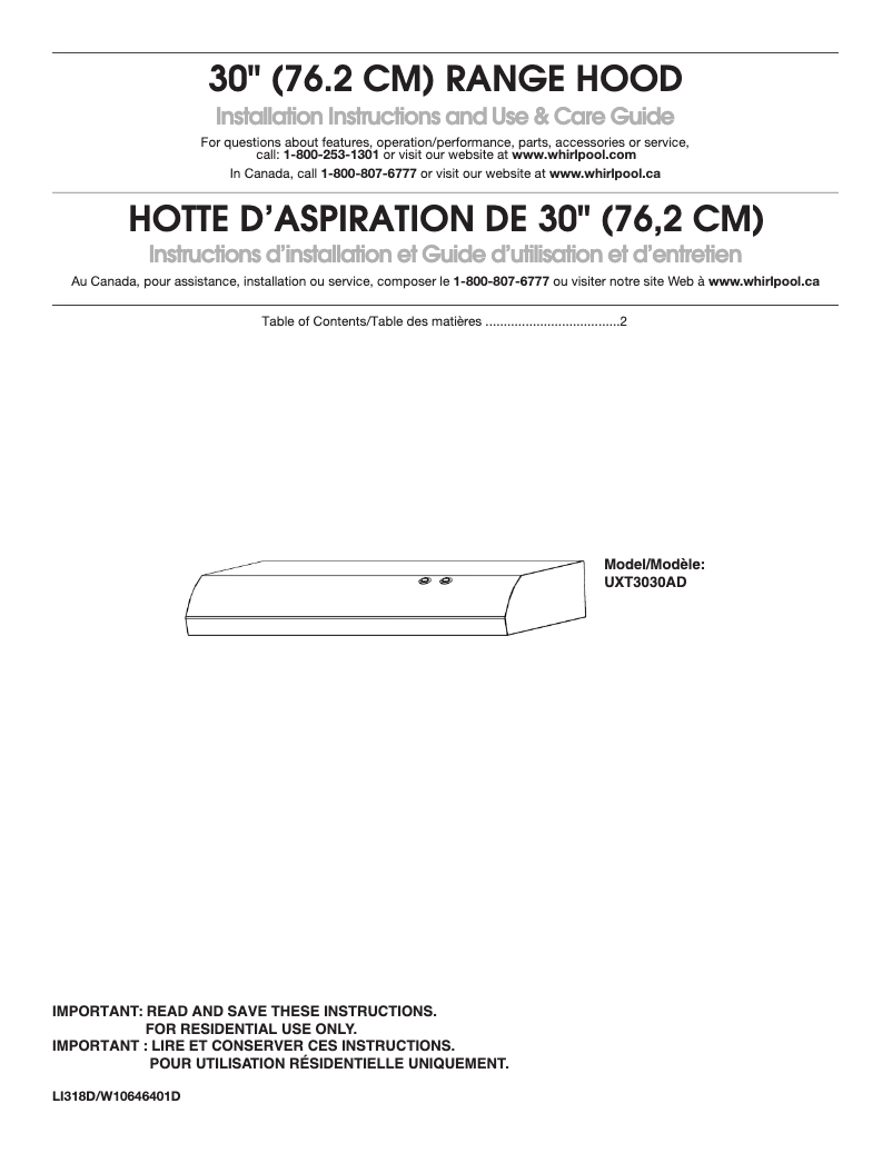 Page 1 de la notice Manuel d'utilisation et d'entretien KitchenAid UXT3030ADW