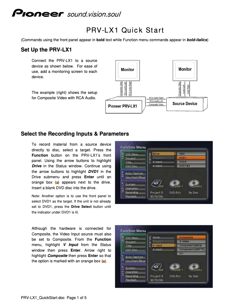 Page 1 de la notice Guide de démarrage rapide Pioneer PRV-LX1