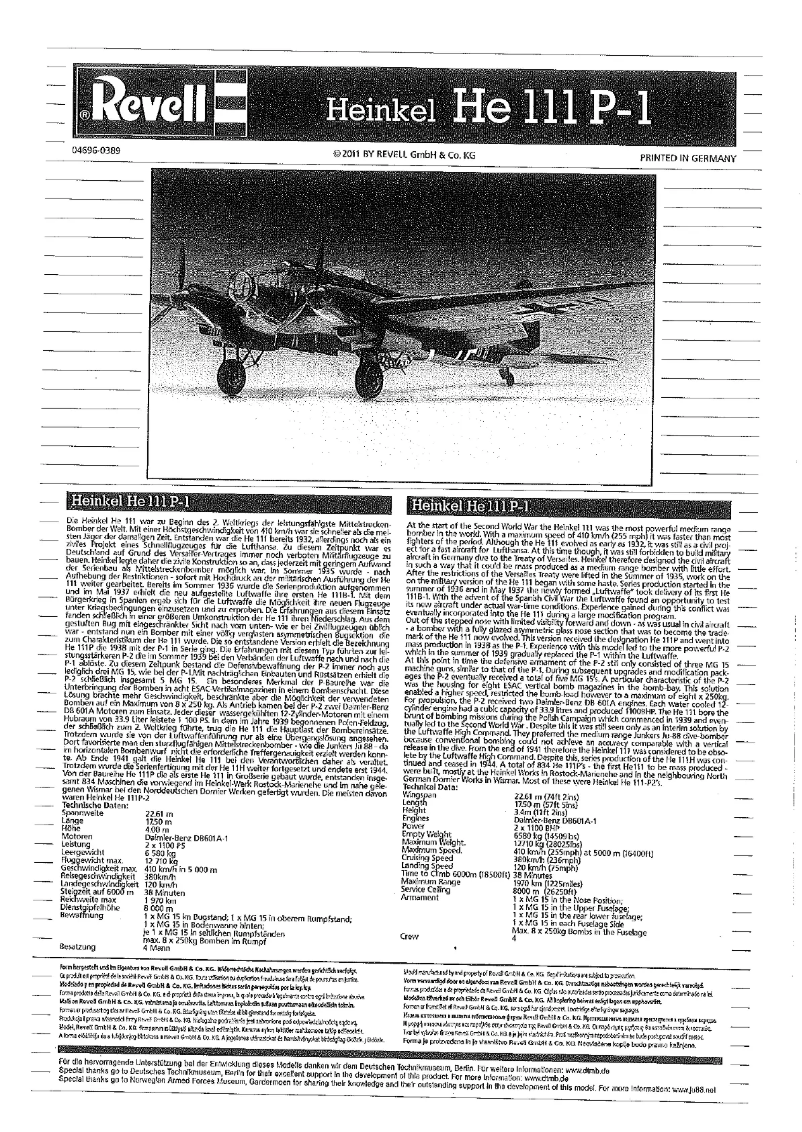 Image de la première page du manuel de l'appareil Heinkel He 111 P-1