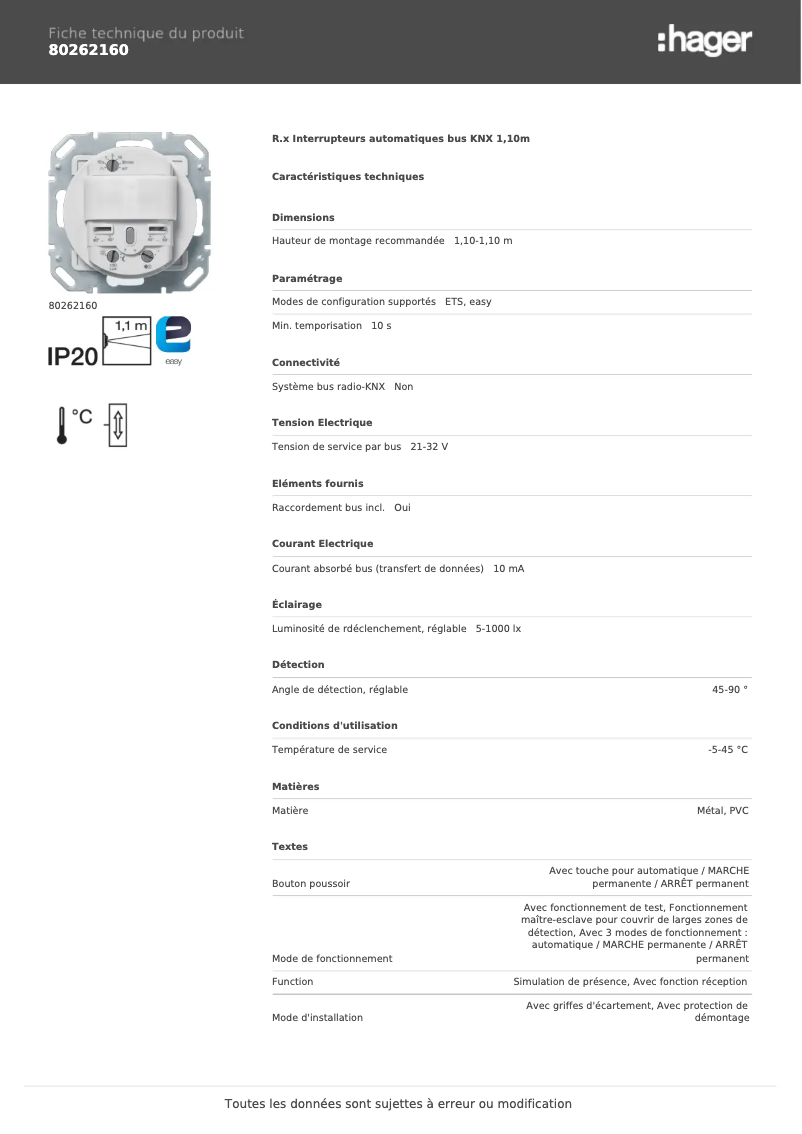 Page 1 de la notice Fiche technique Hager 80262160