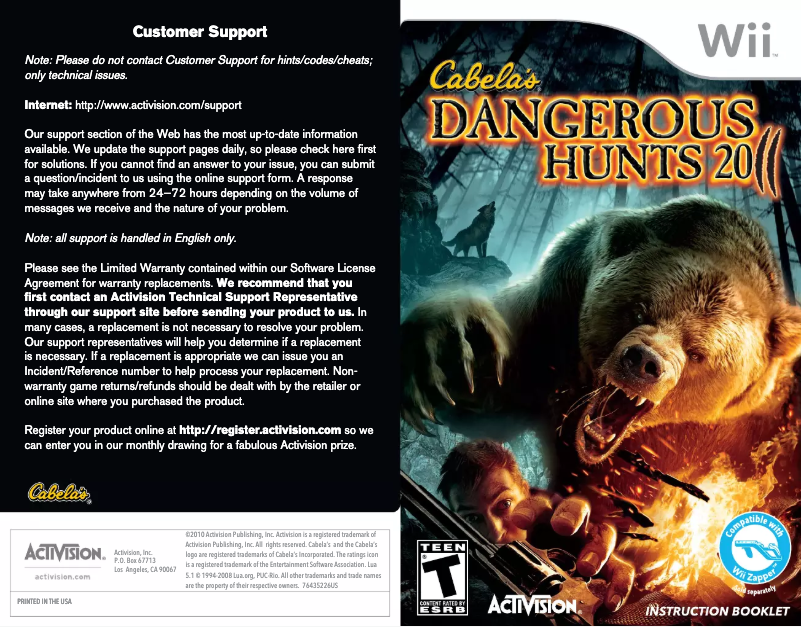 Page 1 de la notice Manuel utilisateur Nintendo Cabelas Dangerous Hunts 2011 (Wii)