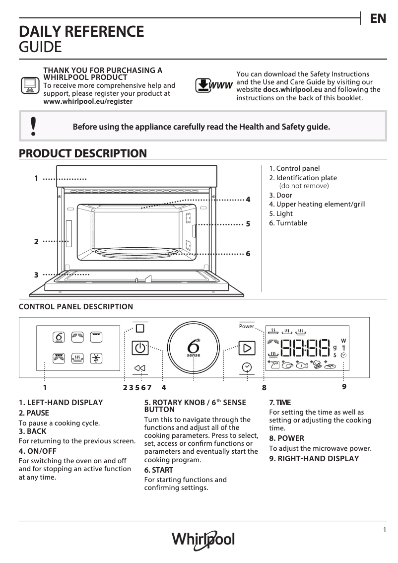 Page n°1 - Manuel d'utilisation et d'entretien Whirlpool AMW 730 WH
