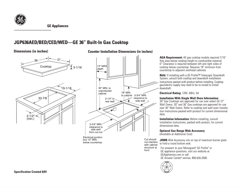 Page 1 de la notice Fiche technique GE JGP636WEDWW