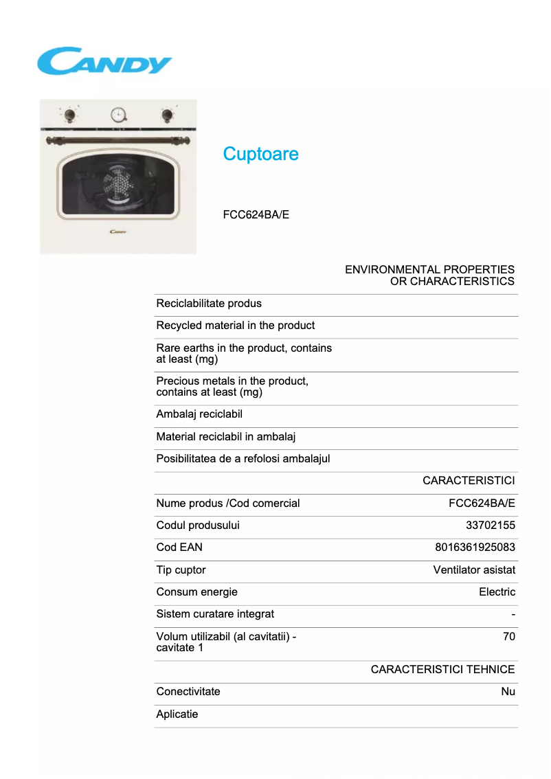 Page 1 de la notice Fiche technique Candy FCC624BA/E