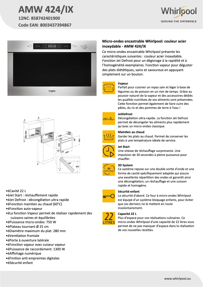 Página 1 del manual Ficha técnica Whirlpool AMW 424/IX